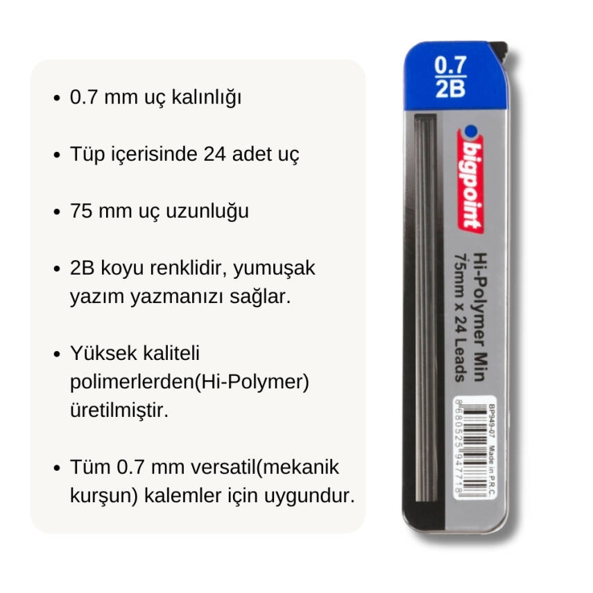 Bigpoint Uçlu Kalem Ucu, 0.7mm, 2B, 24’lü, Hi-Polymer, Kolay Kırılmaz - 3