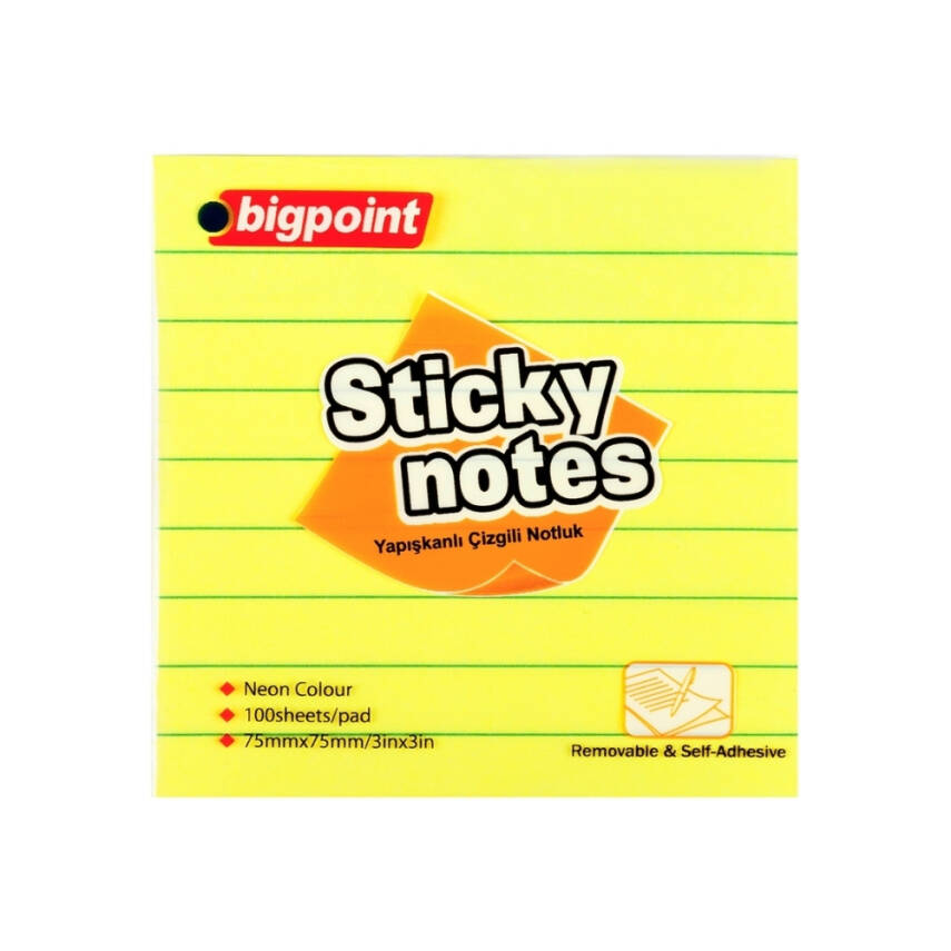 Bigpoint Çizgili Postit, 12 Adet, 100 Yapraklı, 75 x 75 mm, Neon Sarı - 2