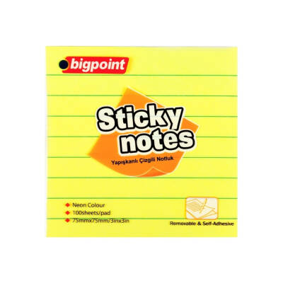 Bigpoint Yapışkanlı Çizgili Not Kağıdı, 12 Adet, 75x75mm, Neon Sarı - 2