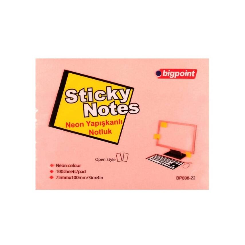 Bigpoint Postit, 75x100mm, 100 Yaprak, Neon Pembe, İz Bırakmaz - 1