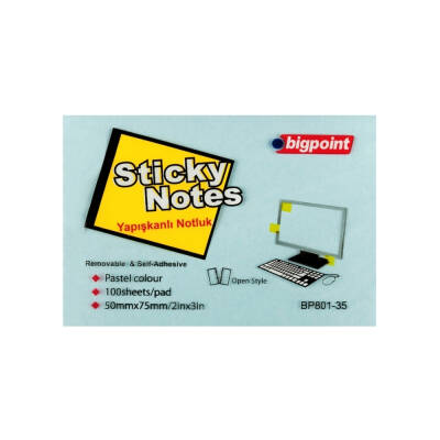 Bigpoint Postit, 75x50mm,100 Yaprak, Mavi,İz Bırakmadan Çıkar - Bigpoint