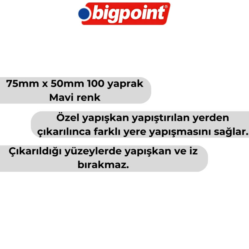 Bigpoint Postit, 75x50mm,100 Yaprak, Mavi,İz Bırakmadan Çıkar - 2