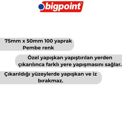 Bigpoint Postit, 75x50mm,100 Yaprak, Pembe,İz Bırakmadan Çıkar - 2
