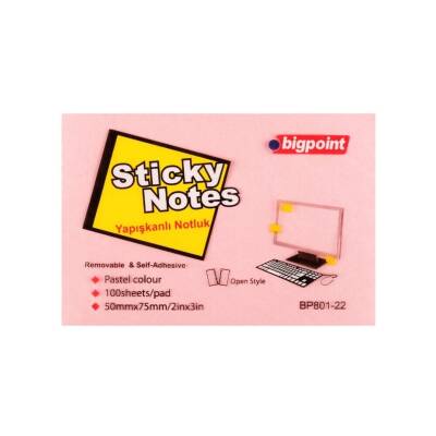 Bigpoint Postit, 75x50mm,100 Yaprak, Pembe,İz Bırakmadan Çıkar - Bigpoint