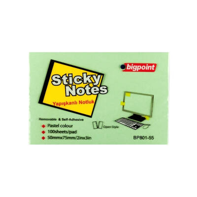 Bigpoint Postit, 75x50mm,100 Yaprak, Yeşil,İz Bırakmadan Çıkar - Bigpoint