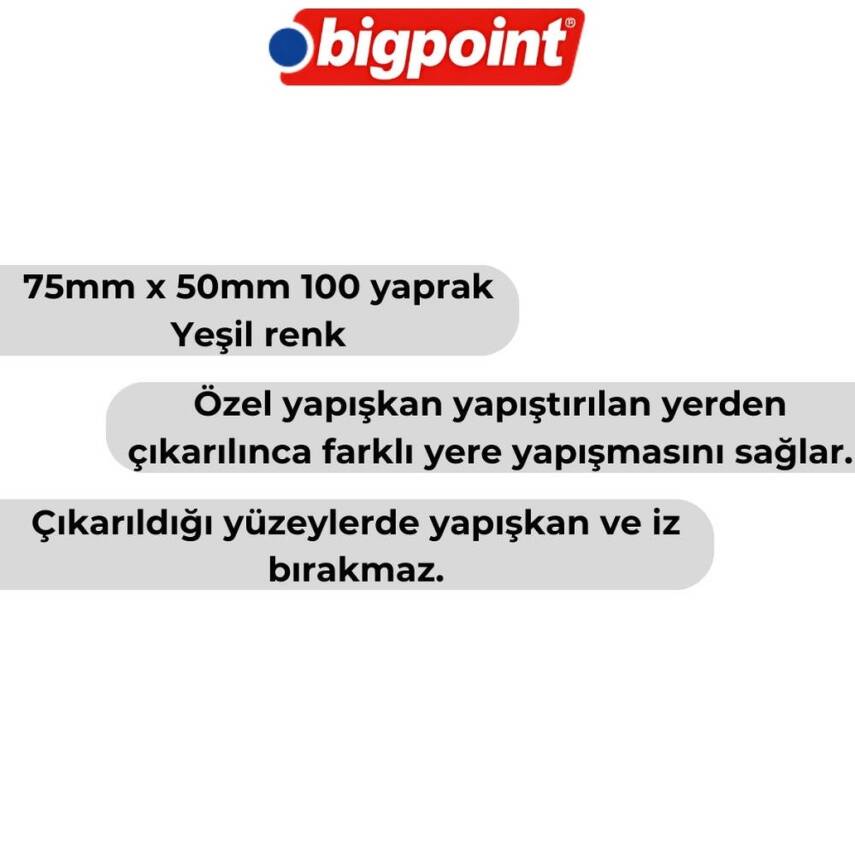 Bigpoint Postit, 75x50mm,100 Yaprak, Yeşil,İz Bırakmadan Çıkar - 2