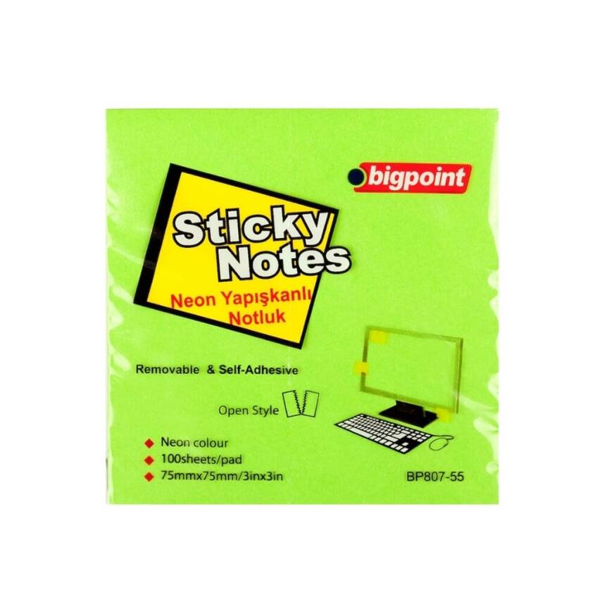 Bigpoint Postit, 75x75mm, 100 Yaprak, Neon Yeşil, İz Bırakmaz - 1