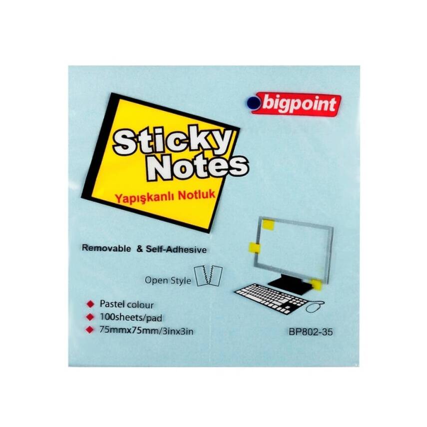 Bigpoint Postit, 75x75mm,100 Yaprak, Mavi,İz Bırakmadan Çıkar - 1