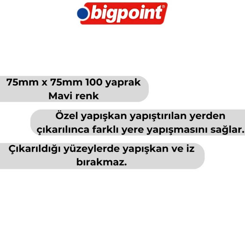Bigpoint Postit, 75x75mm,100 Yaprak, Mavi,İz Bırakmadan Çıkar - 2