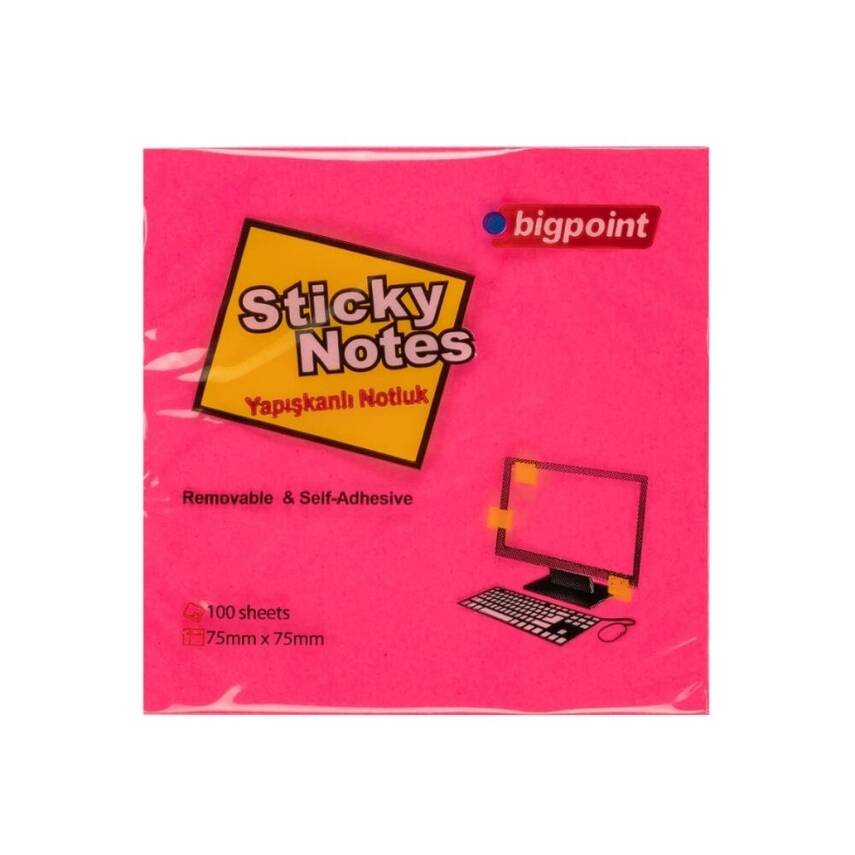 Bigpoint Postit, 75x75mm,100 Yaprak, Neon Kırmızı, İz Bırakmaz - 1