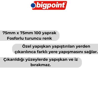 Bigpoint Postit, 75x75mm,100 Yaprak, Neon Turuncu, İz Bırakmaz - 2