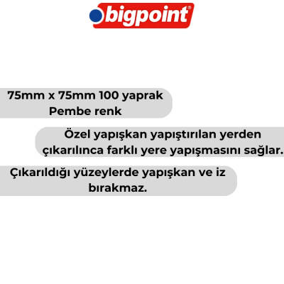 Bigpoint Postit, 75x75mm,100 Yaprak, Pembe,İz Bırakmadan Çıkar - 2