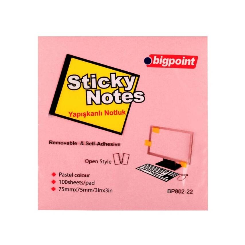 Bigpoint Postit, 75x75mm,100 Yaprak, Pembe,İz Bırakmadan Çıkar - 1