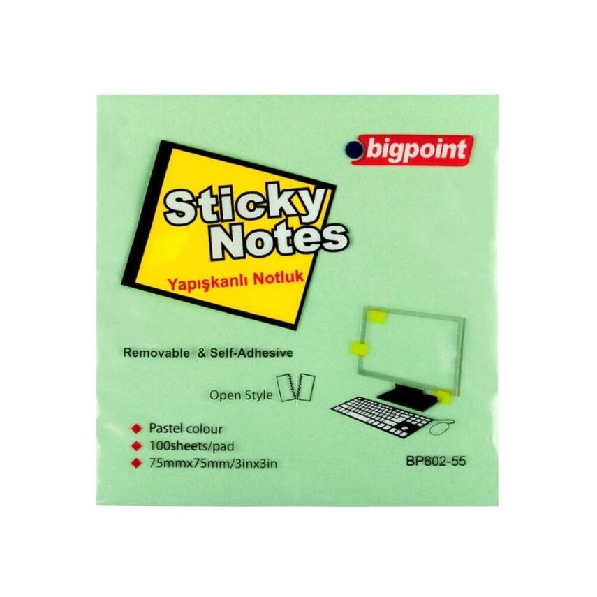 Bigpoint Postit, 75x75mm,100 Yaprak, Yeşil,İz Bırakmadan Çıkar - 1