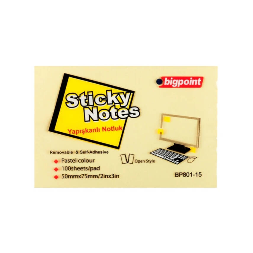 Bigpoint Postit, 12 Adet, 100 Yapraklı, 75 x 50 mm, Sarı - 2