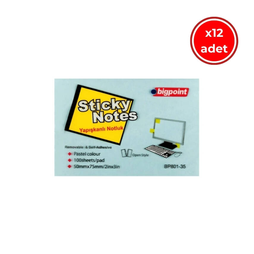 Bigpoint Yapışkanlı Not Kağıdı, 12 Adet, 75x50mm, Mavi, 100 Yaprak - 1