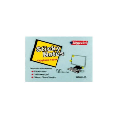 Bigpoint Yapışkanlı Not Kağıdı, 12 Adet, 75x50mm, Mavi, 100 Yaprak - 2
