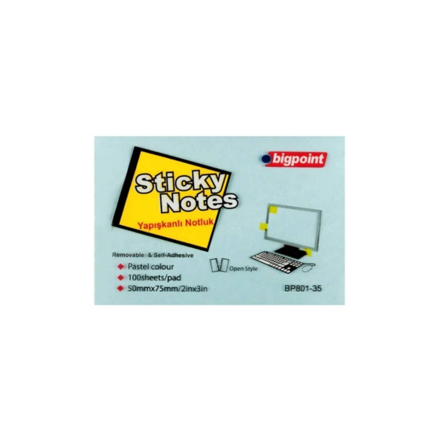 Bigpoint Yapışkanlı Not Kağıdı, 12 Adet, 75x50mm, Mavi, 100 Yaprak - 2