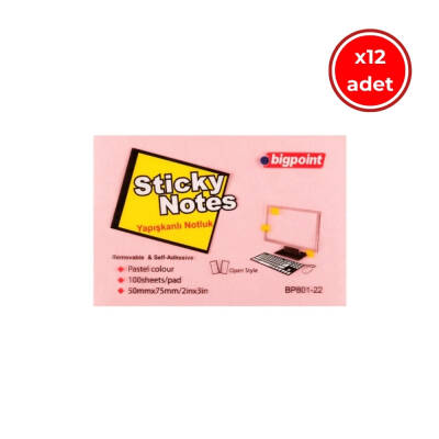Bigpoint Yapışkanlı Not Kağıdı, 12 Adet, 75x50mm, Pembe, 100 Yaprak - 1