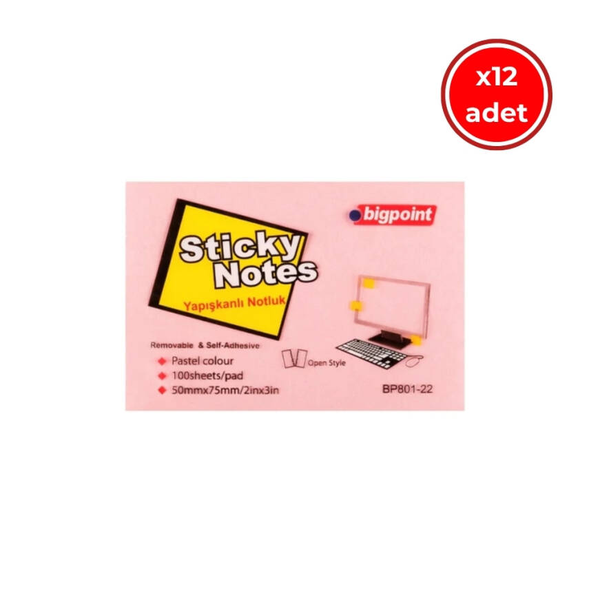 Bigpoint Yapışkanlı Not Kağıdı, 12 Adet, 75x50mm, Pembe, 100 Yaprak - 1