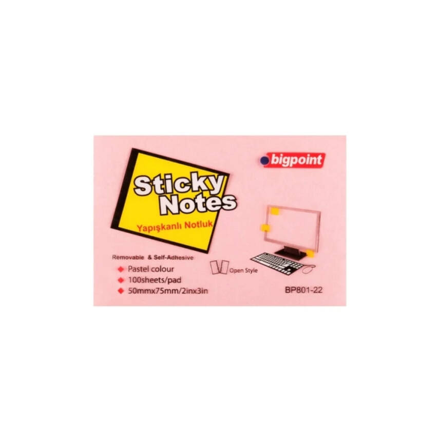 Bigpoint Yapışkanlı Not Kağıdı, 12 Adet, 75x50mm, Pembe, 100 Yaprak - 2