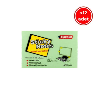Bigpoint Yapışkanlı Not Kağıdı, 12 Adet, 75x50mm, Yeşil, 100 Yaprak - 1