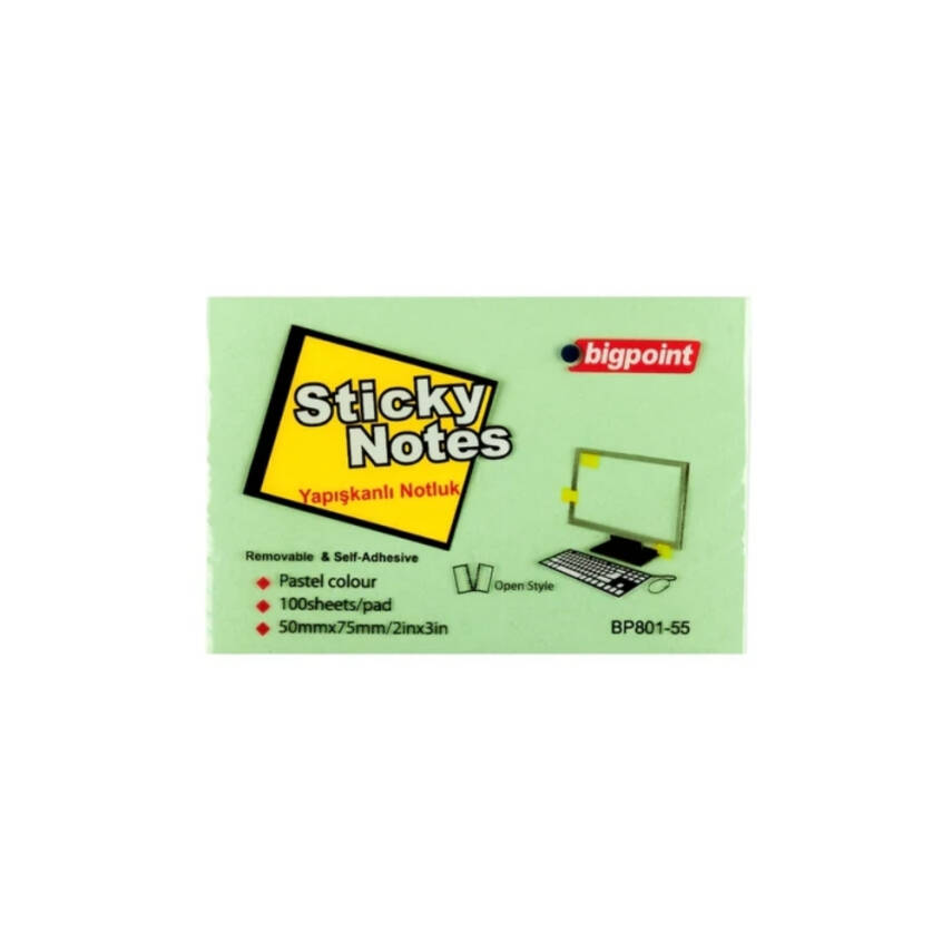 Bigpoint Yapışkanlı Not Kağıdı, 12 Adet, 75x50mm, Yeşil, 100 Yaprak - 2