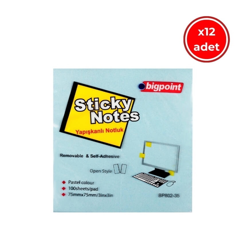 Bigpoint Yapışkanlı Not Kağıdı, 12 Adet, 75x75mm, Mavi, 100 Yaprak - 1