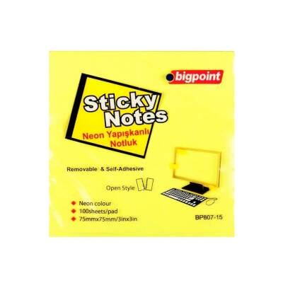 Bigpoint Postit, 12 Adet, 100 Yapraklı, 75 x 75 mm, Neon Sarı - 2