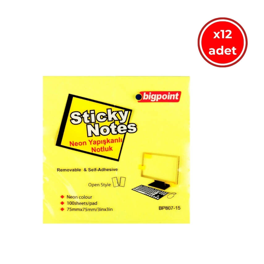 Bigpoint Yapışkanlı Not Kağıdı, 12 Adet, 75x75mm, Neon Sarı,100 Yaprak - 1