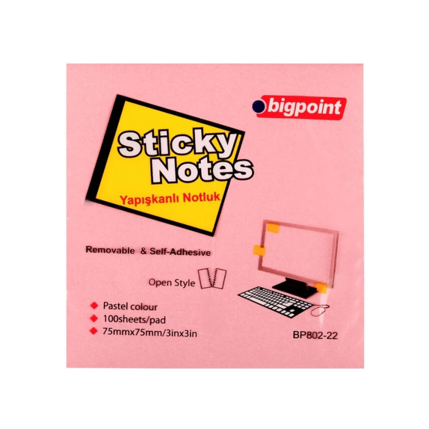 Bigpoint Postit, 12 Adet, 100 Yapraklı, 75 x 75 mm, Pembe - 2