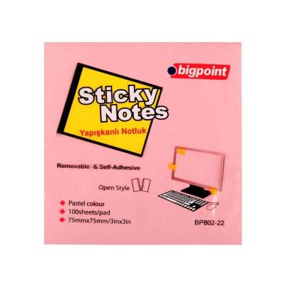 Bigpoint Postit, 12 Adet, 100 Yapraklı, 75 x 75 mm, Pembe - 2