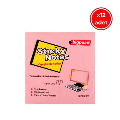 Bigpoint Yapışkanlı Not Kağıdı, 12 Adet, 75x75mm, Pembe, 100 Yaprak - 1