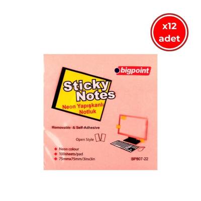 Bigpoint Postit, 12 Adet, 100 Yapraklı, 75 x 75 mm, Neon Pembe - Bigpoint