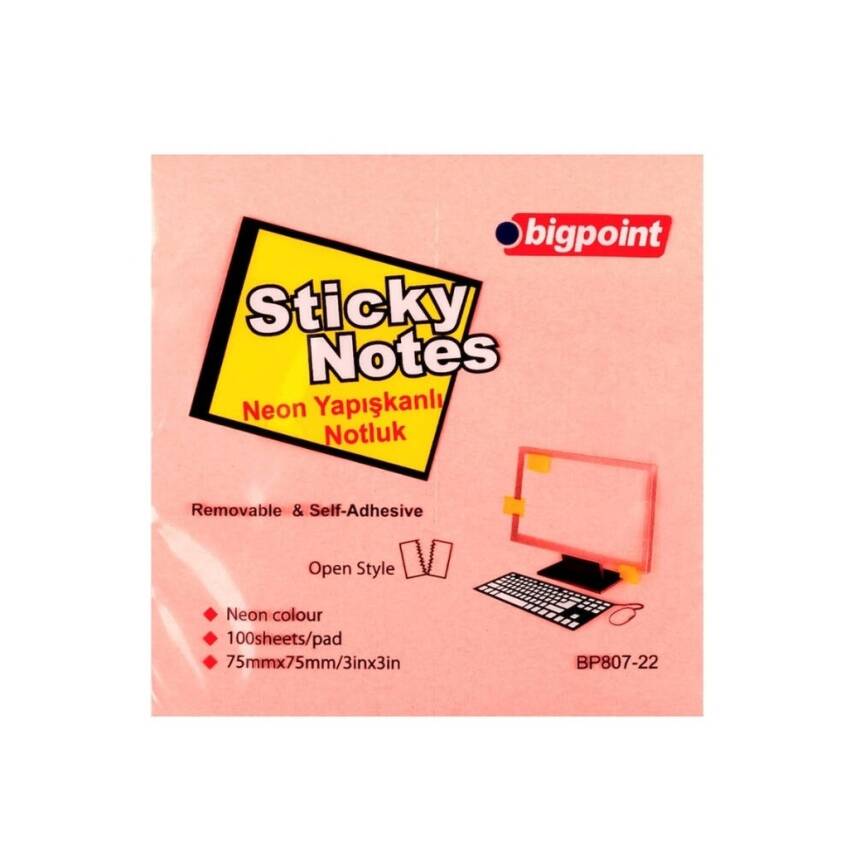 Bigpoint Postit, 12 Adet, 100 Yapraklı, 75 x 75 mm, Neon Pembe - 2