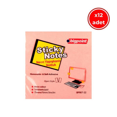 Bigpoint Yapışkanlı Not Kağıdı, 12 Adet, 75x75mm,Neon Pembe,100 Yaprak - 1