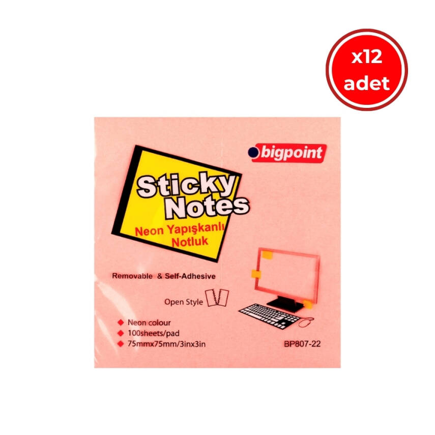 Bigpoint Yapışkanlı Not Kağıdı, 12 Adet, 75x75mm,Neon Pembe,100 Yaprak - 1