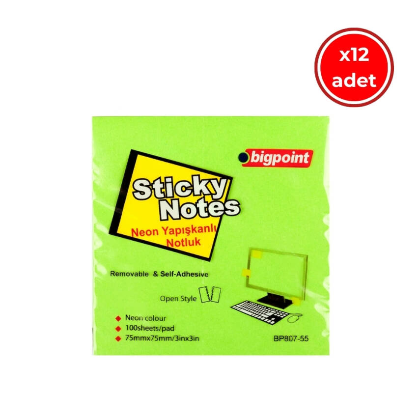 Bigpoint Postit, 12 Adet, 100 Yapraklı, 75 x 75 mm, Neon Yeşil - 1