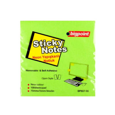 Bigpoint Postit, 12 Adet, 100 Yapraklı, 75 x 75 mm, Neon Yeşil - 2