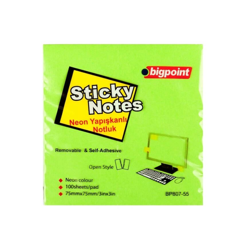 Bigpoint Postit, 12 Adet, 100 Yapraklı, 75 x 75 mm, Neon Yeşil - 2