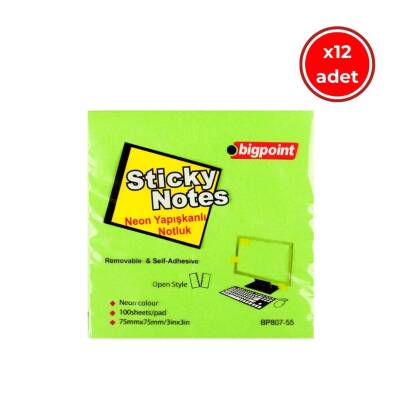 Bigpoint Postit, 12 Adet, 100 Yapraklı, 75 x 75 mm, Neon Yeşil - Bigpoint