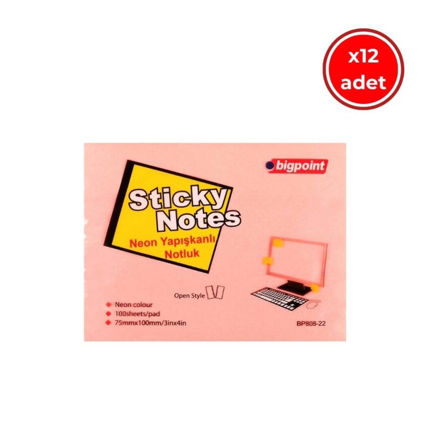 Bigpoint Postit, 12 Adet, 100 Yapraklı, 75 x 100 mm, Neon Pembe - 1