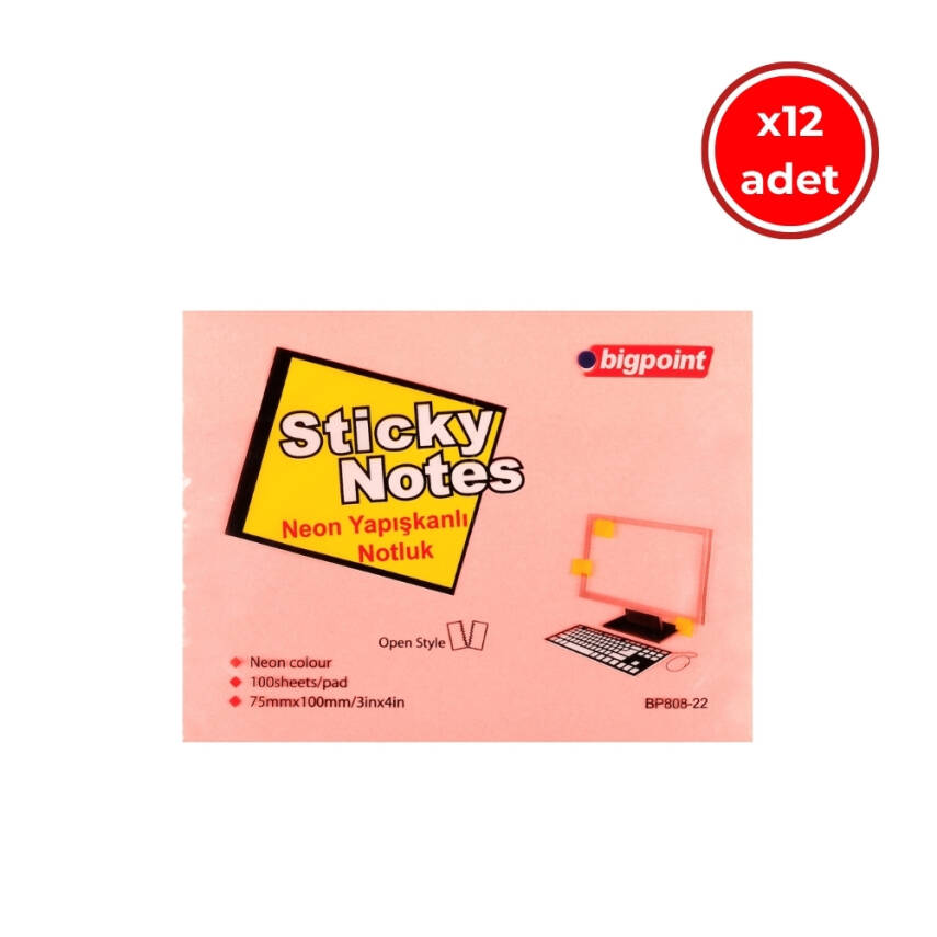 Bigpoint Yapışkanlı Not Kağıdı, 12 Adet,75x100mm,Neon Pembe,100 Yaprak - 1