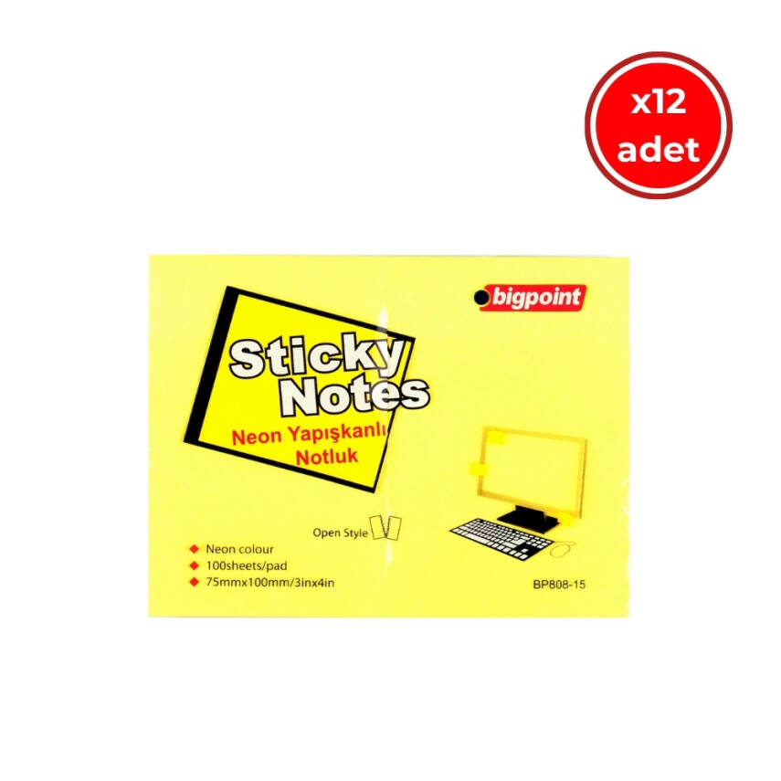 Bigpoint Yapışkanlı Not Kağıdı, 12 Adet,75x100mm,Neon Sarı,100 Yaprak - 1