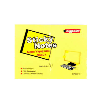 Bigpoint Yapışkanlı Not Kağıdı, 12 Adet,75x100mm,Neon Sarı,100 Yaprak - 2