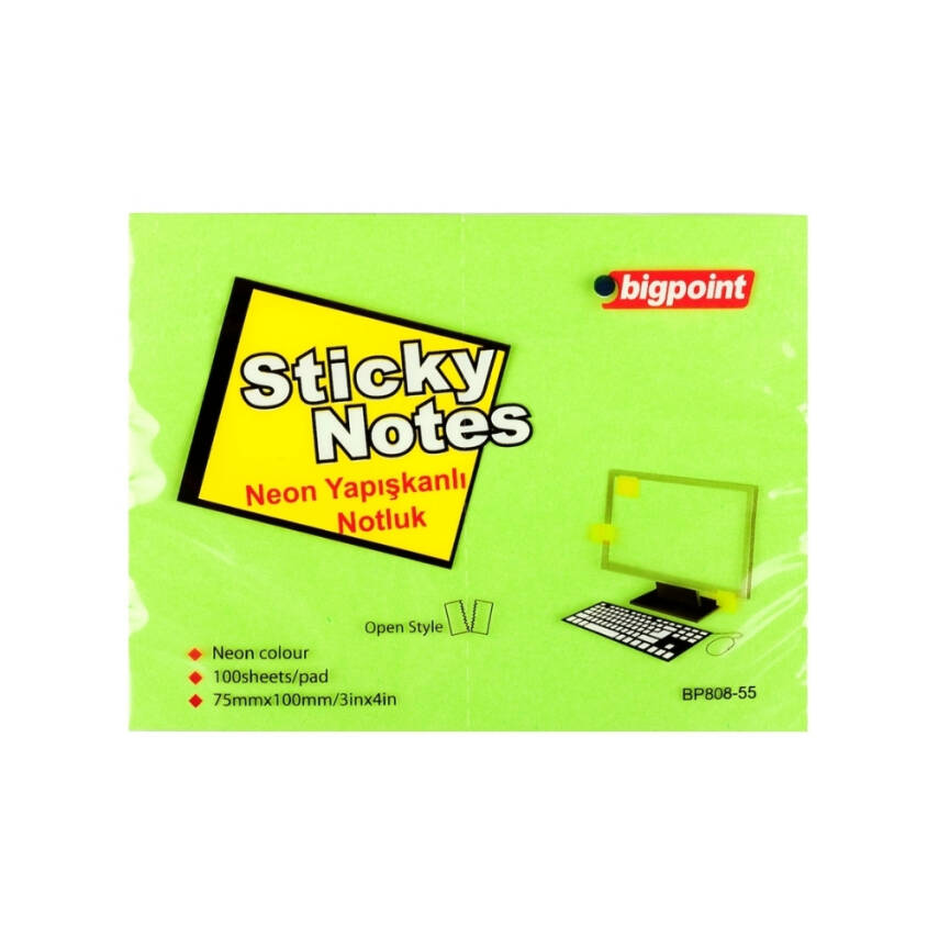 Bigpoint Yapışkanlı Not Kağıdı, 12 Adet,75x100mm,Neon Yeşil,100 Yaprak - 2