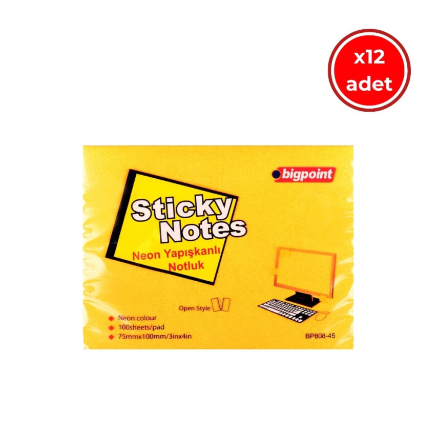 Bigpoint Postit, 12 Adet, 100 Yapraklı, 75 x 100 mm, Neon Turuncu - 1