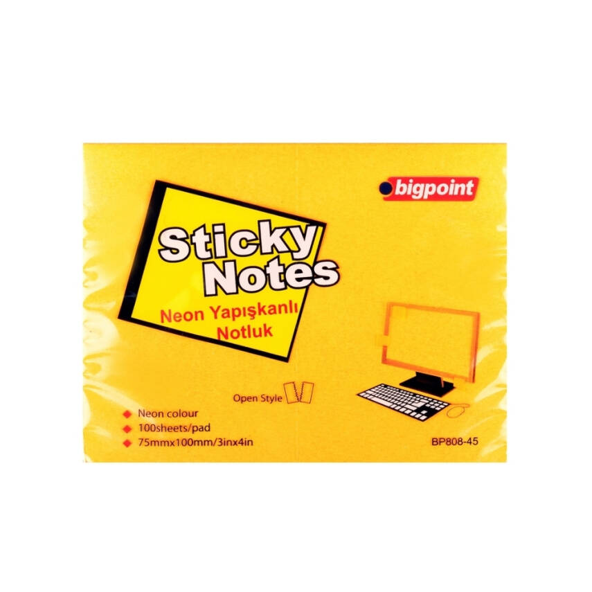 Bigpoint Yapışkanlı Not Kağıdı,12 Adet,75x100mm,Neon Turuncu,100Yaprak - 2