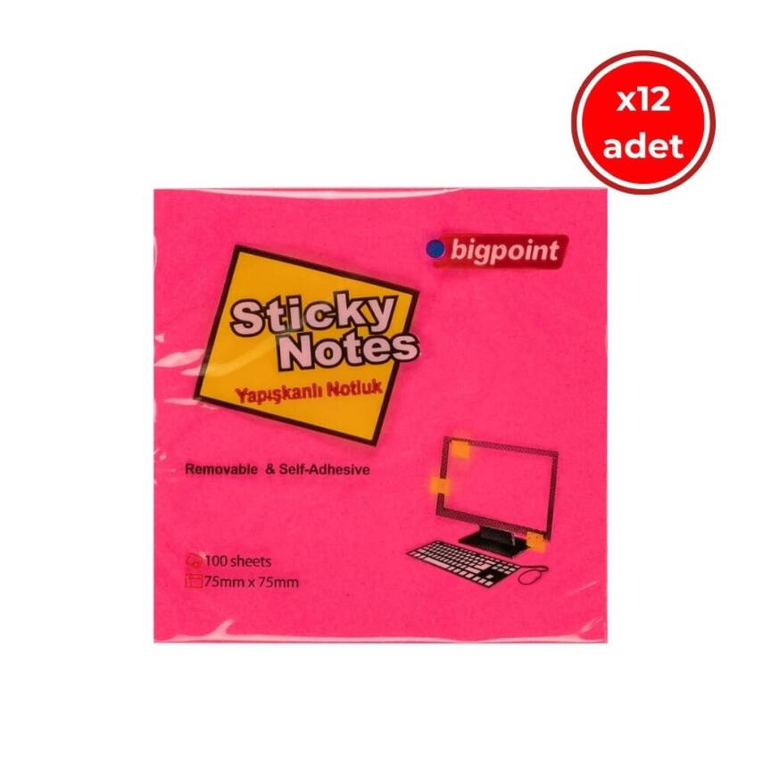 Bigpoint Postit, 12 Adet, 100 Yapraklı, 75 x 75 mm, Neon Kırmızı - 1
