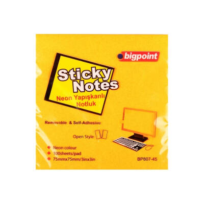 Bigpoint Yapışkanlı Not Kağıdı,12 Adet,75x75mm,Neon Turuncu,100 Yaprak - 2